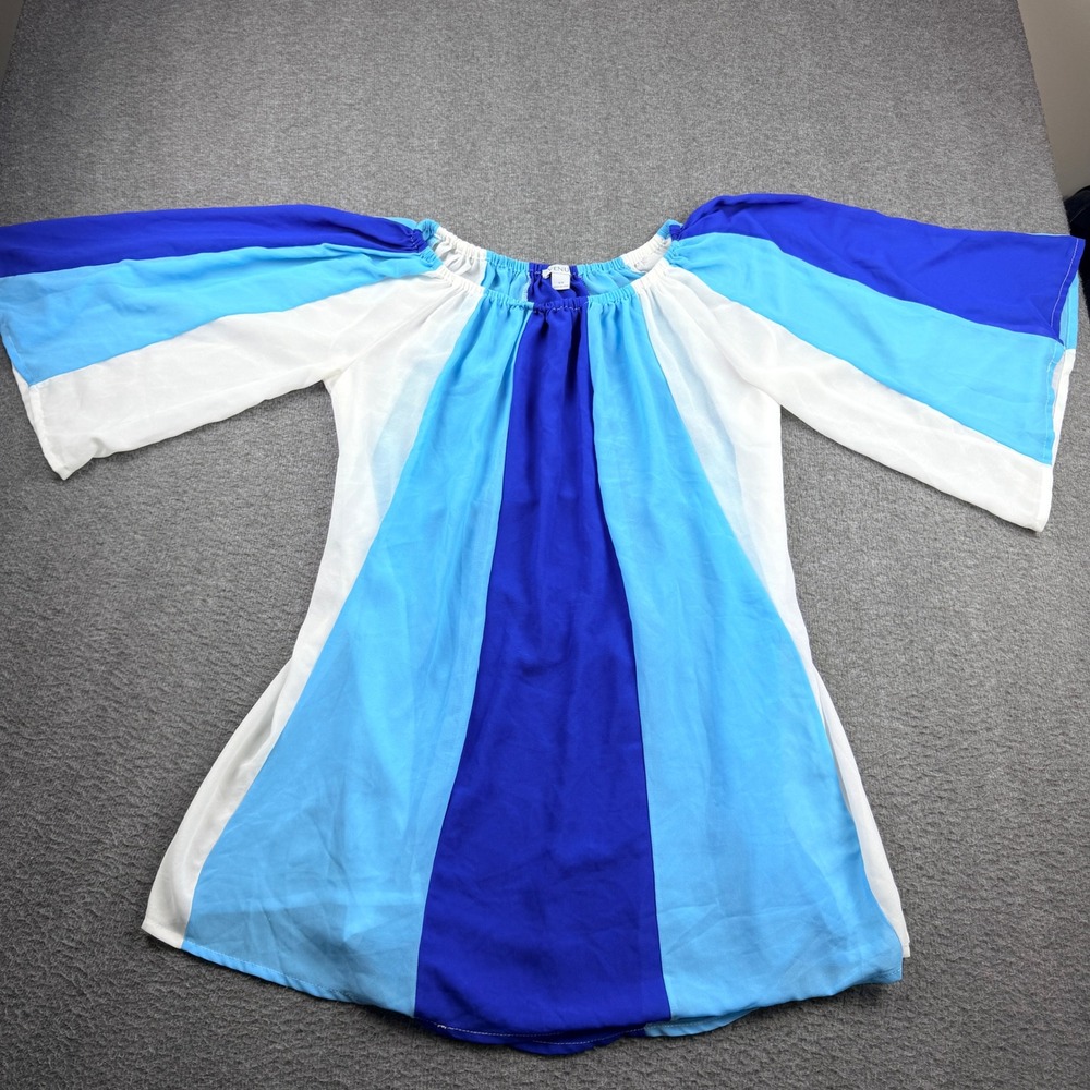 Venus Blue White Colorblock Off Shoulder Tunic Cover Up Top One Size‎ Tassel Tie